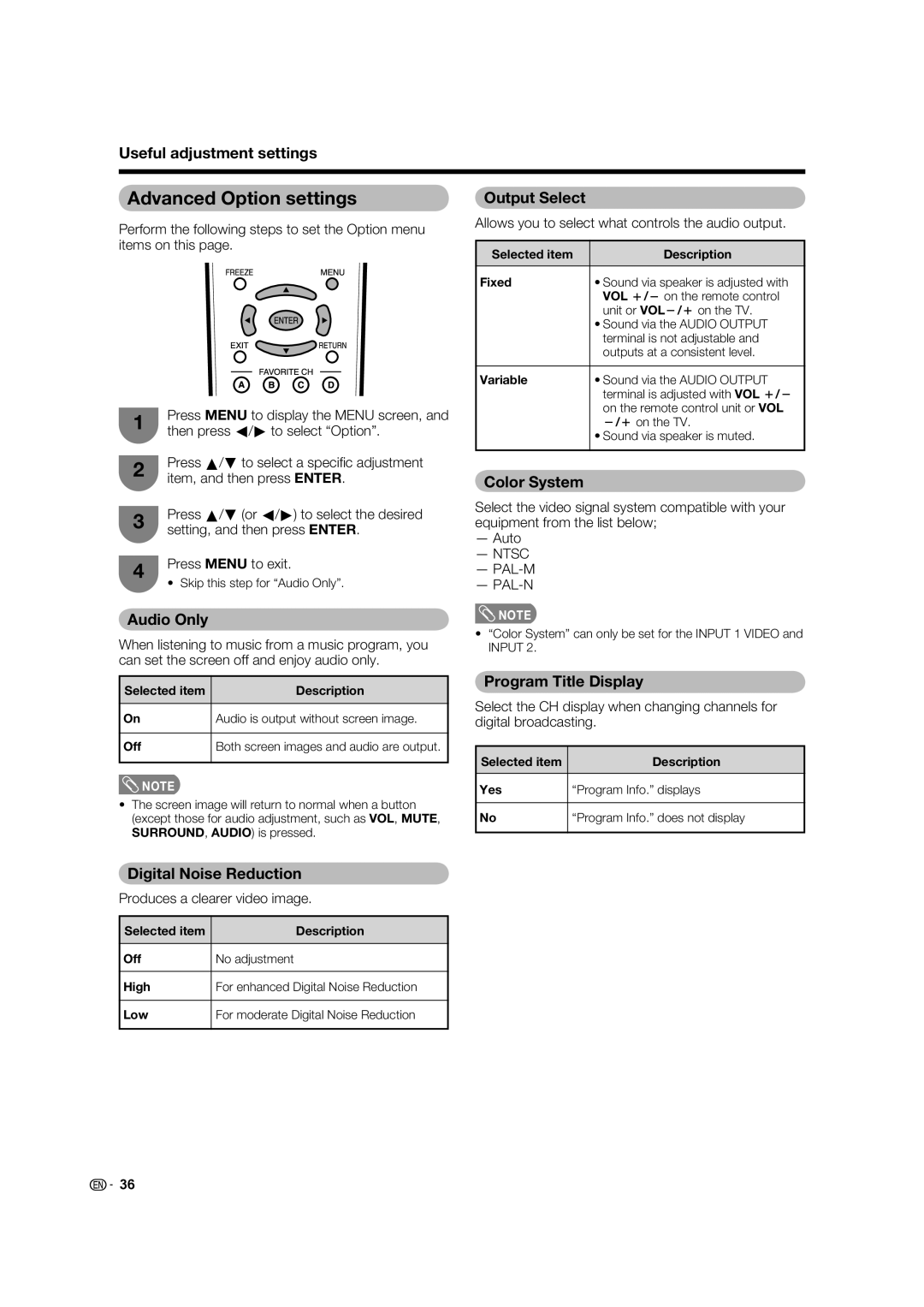 Sharp LC-32D62U operation manual Advanced Option settings 