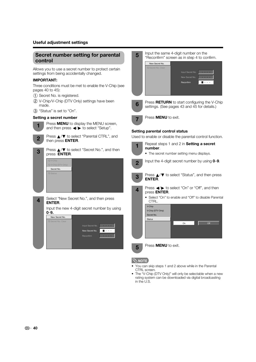 Sharp LC-32D62U Secret number setting for parental control, Setting a secret number, Setting parental control status 