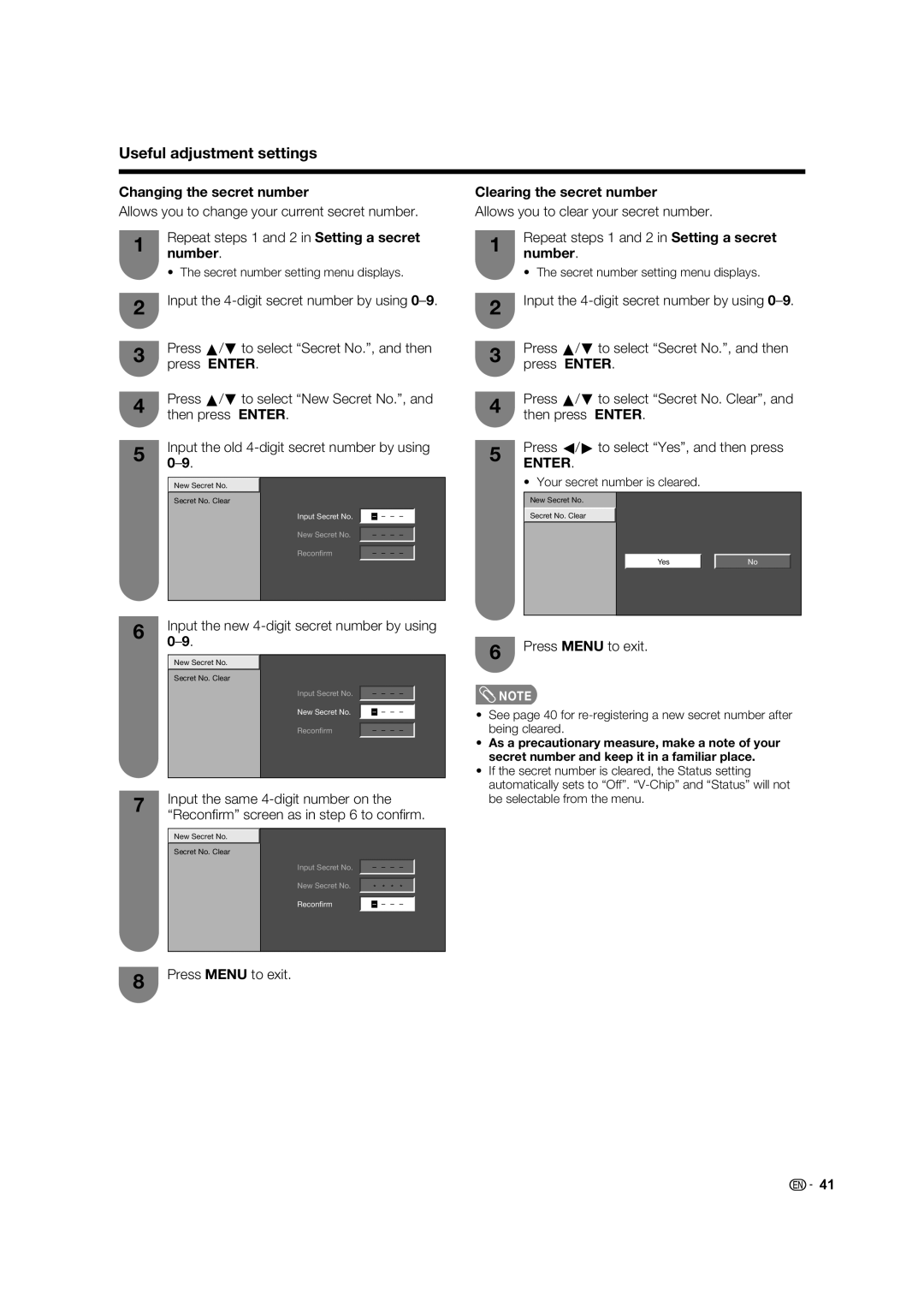 Sharp LC-32D62U Changing the secret number, Clearing the secret number, Allows you to clear your secret number 