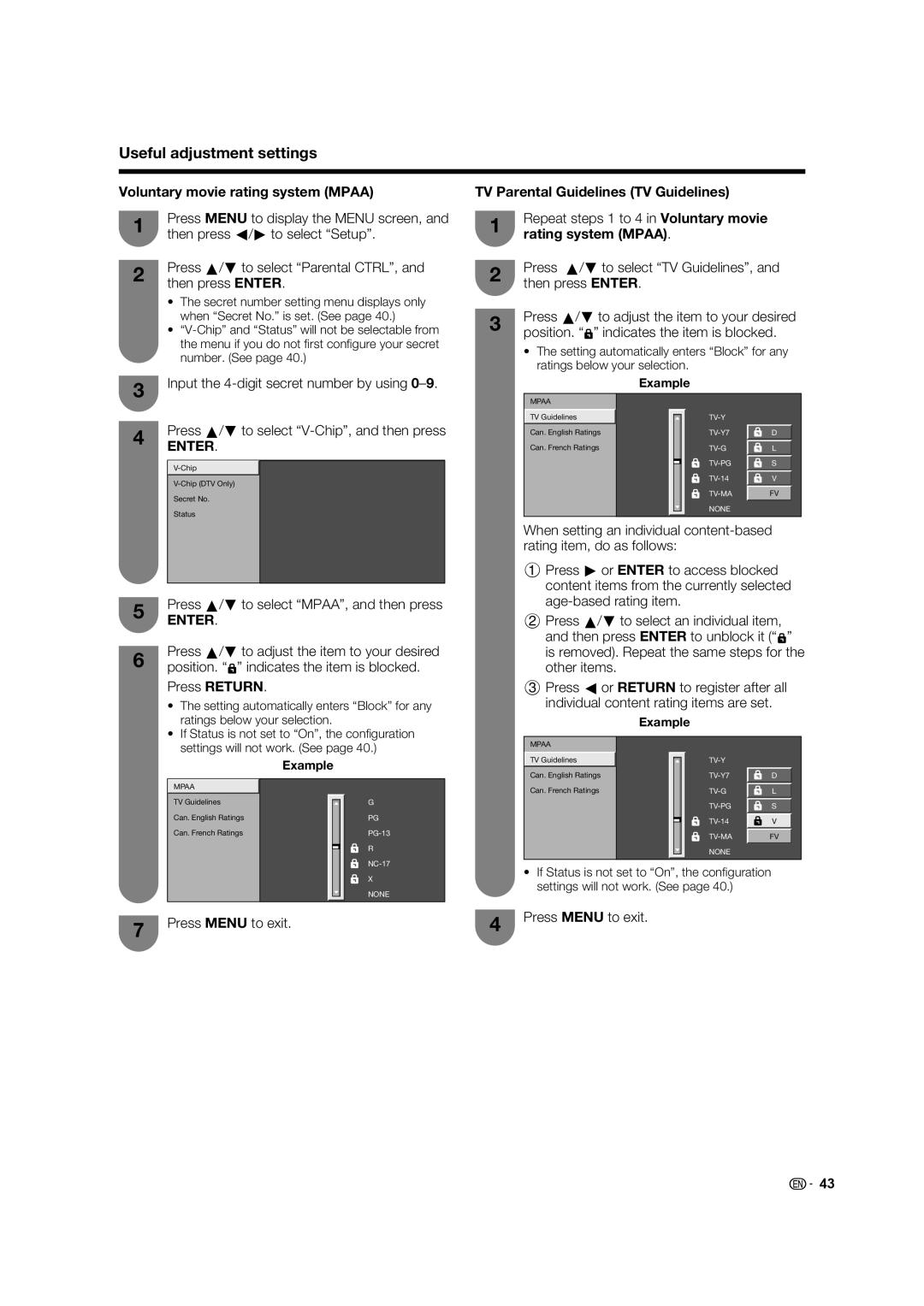 Sharp LC-32D62U operation manual TV Parental Guidelines TV Guidelines, Rating system Mpaa 