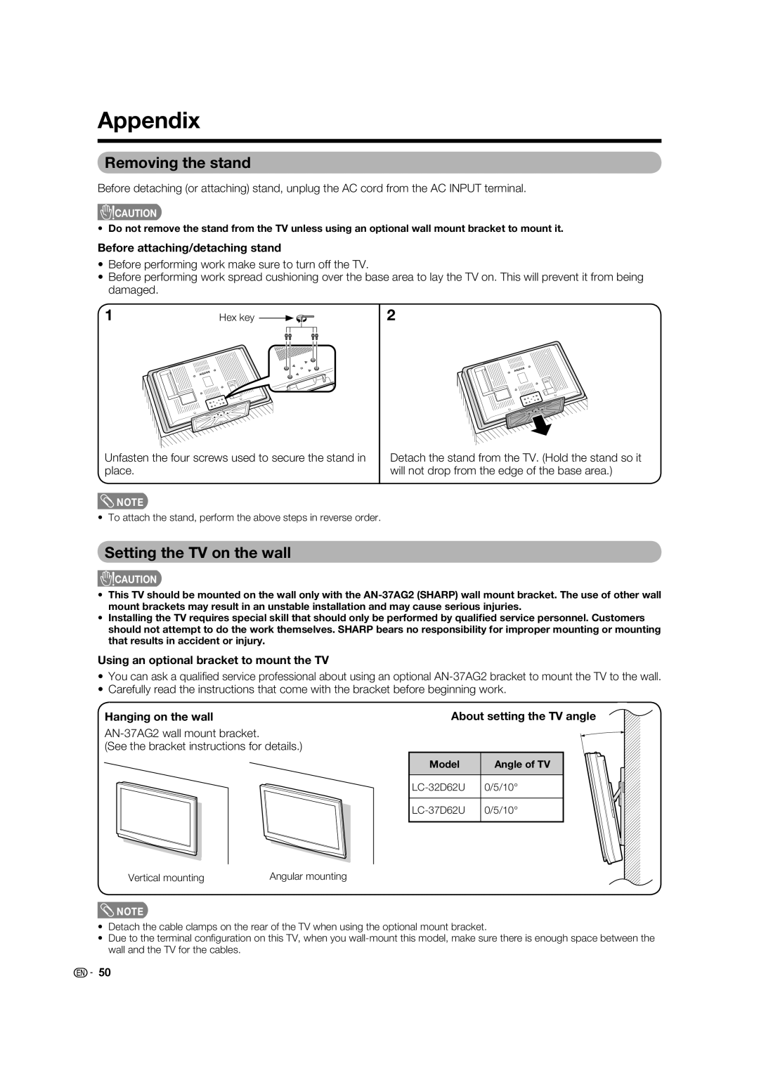 Sharp LC-32D62U operation manual Appendix, Removing the stand, Setting the TV on the wall 