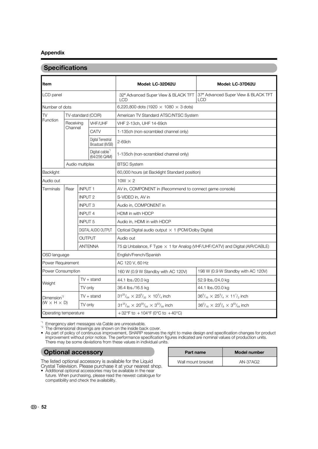 Sharp operation manual Speciﬁcations, Optional accessory, Model LC-32D62U Model LC-37D62U, Part name Model number 