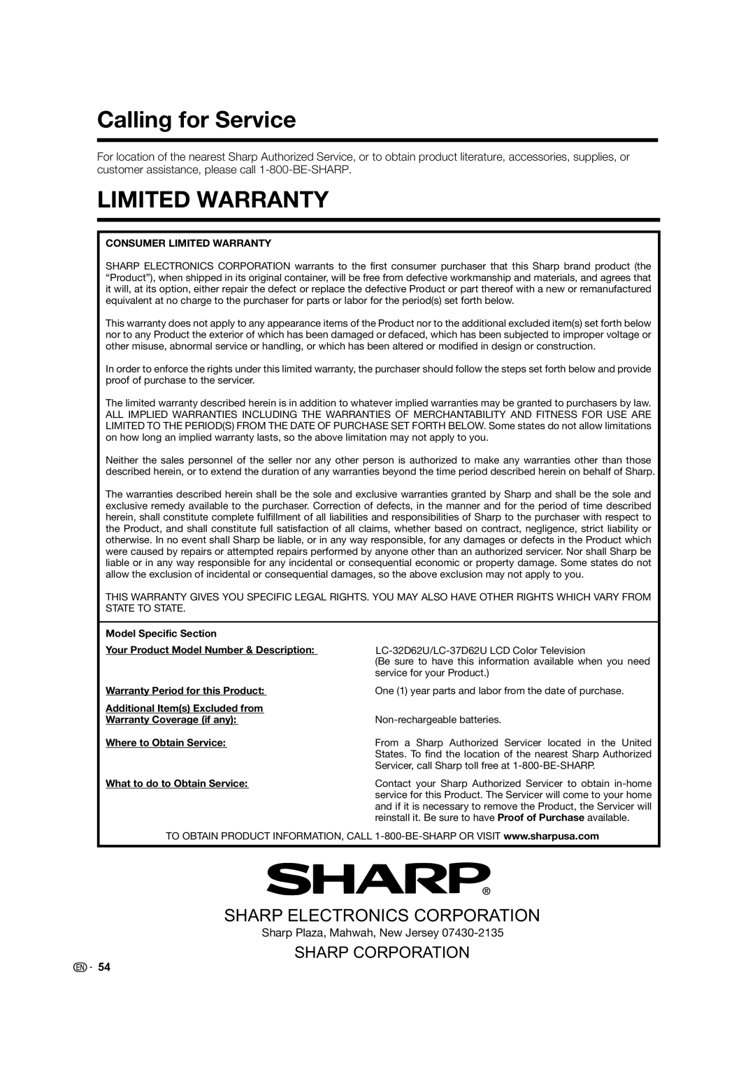 Sharp LC-32D62U operation manual Calling for Service, Sharp Plaza, Mahwah, New Jersey, Consumer Limited Warranty 