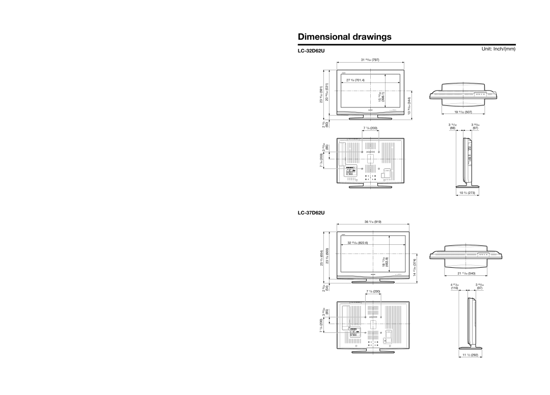 Sharp LC-32D62U operation manual Dimensional drawings, LC-37D62U 