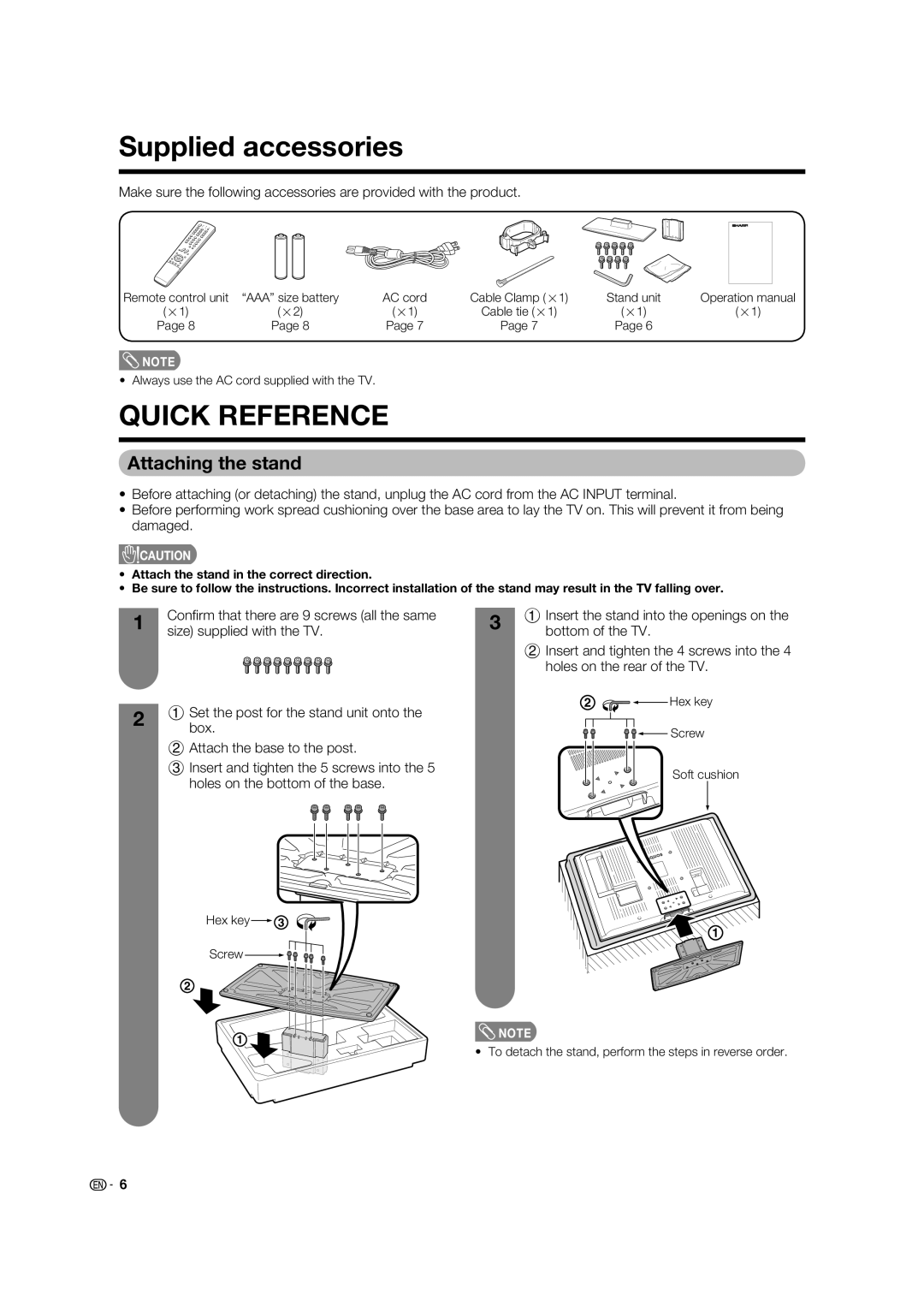 Sharp LC-32D62U operation manual Supplied accessories, Attaching the stand 