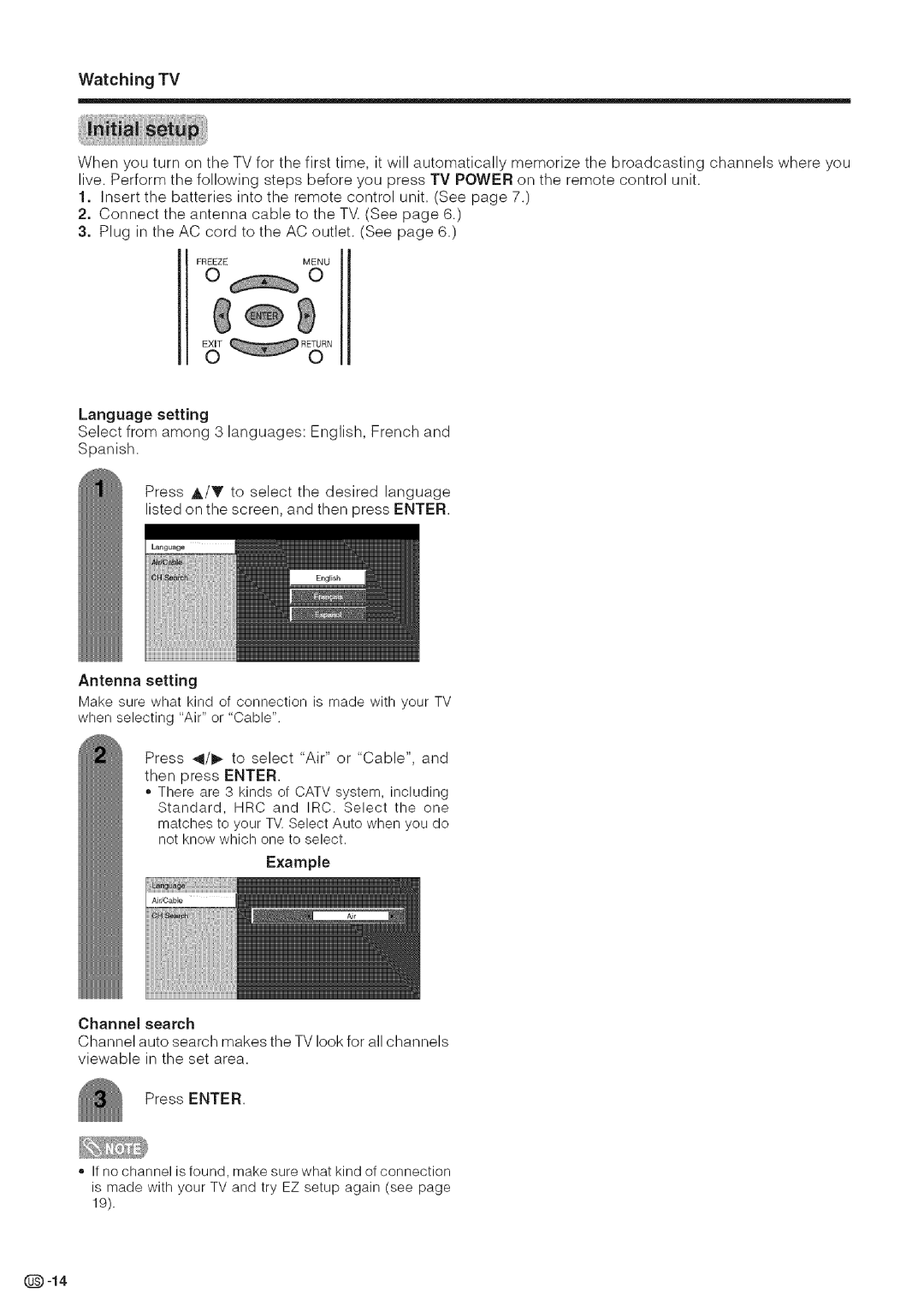 Sharp LC-26DA5U, LC-32DA5U manual Watching TV, Language setting, Antenna setting 