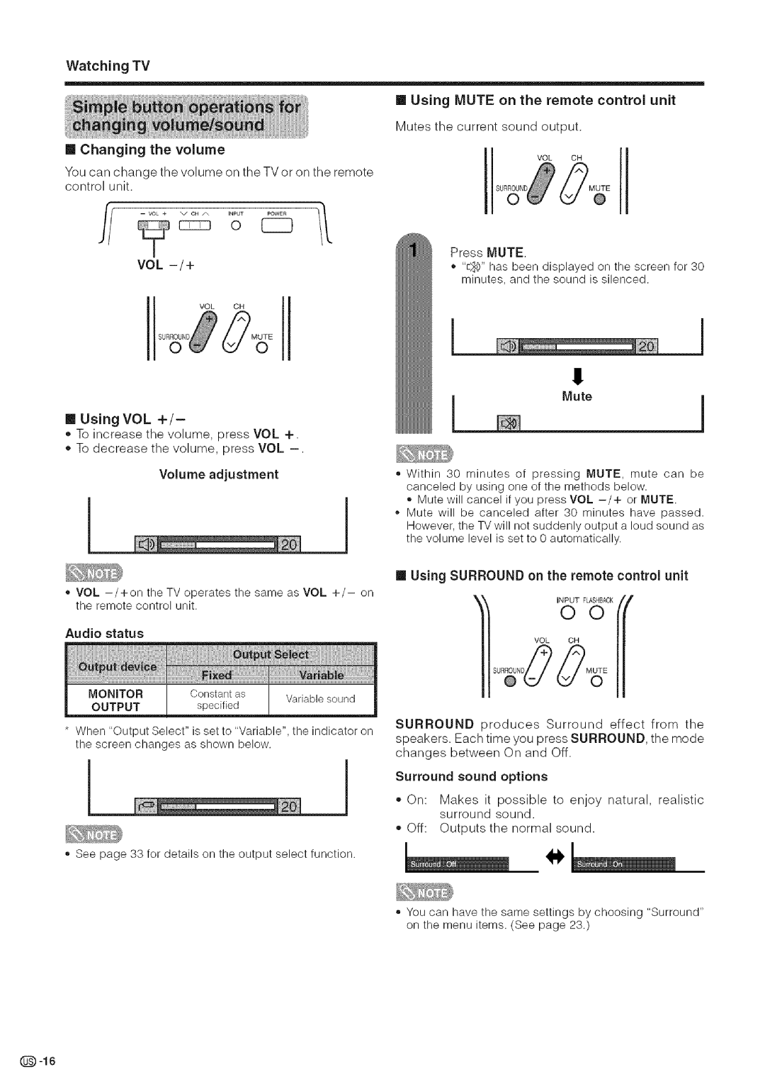 Sharp LC-26DA5U Watching TV Changing the volume, Using VOL +, Volume adjustment Using Mute on the remote control unit 