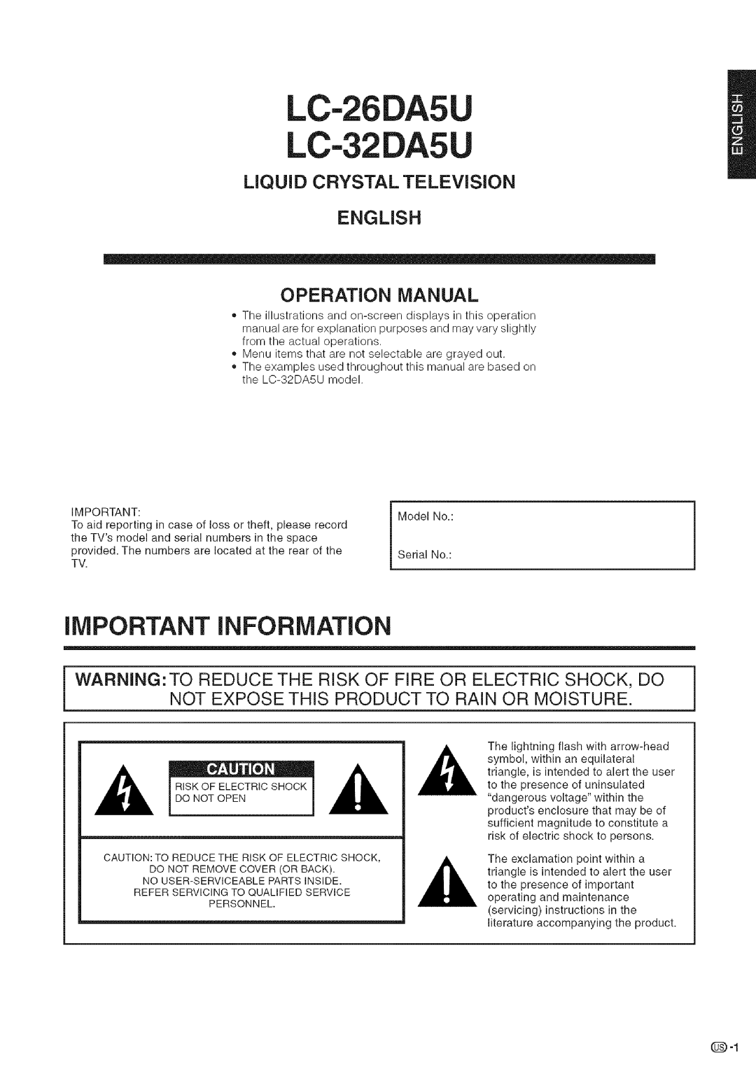 Sharp manual LC-26DA5U LC-32DA5U, Do not Open 