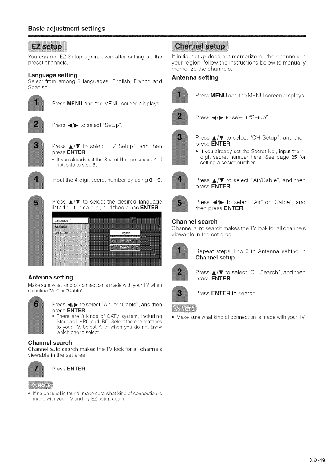 Sharp LC-32DA5U, LC-26DA5U manual Basic adjustment settings, Select from among 3 languages English, French and Spanish 