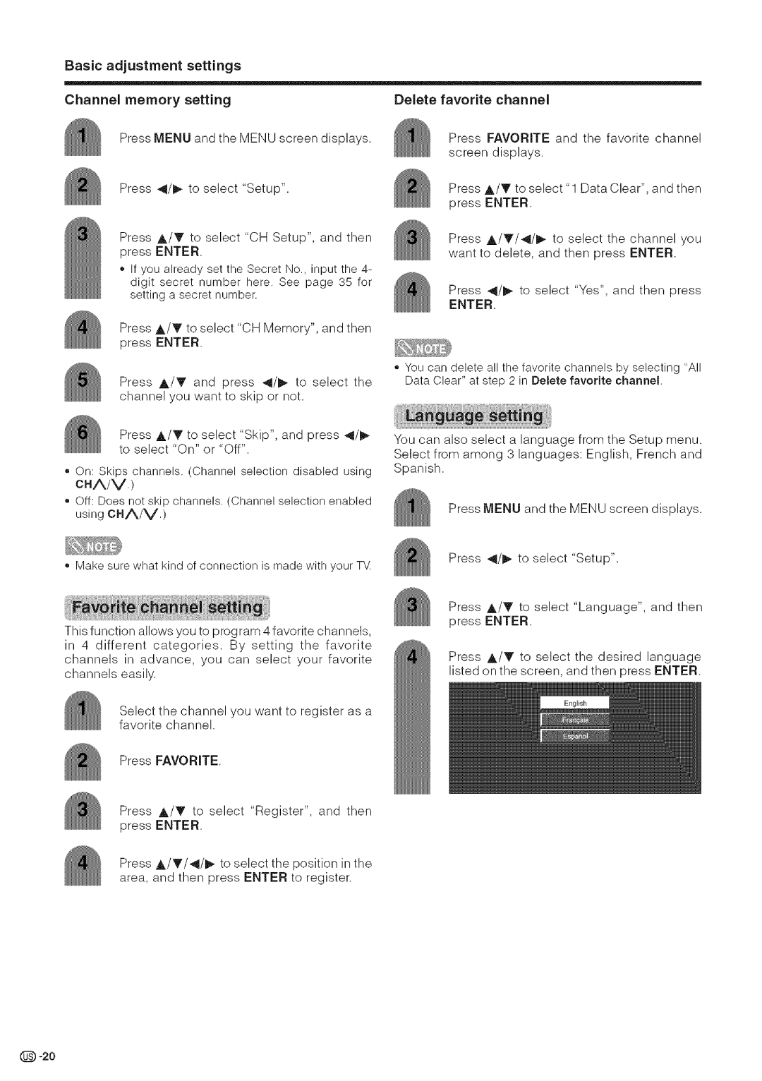 Sharp LC-26DA5U, LC-32DA5U manual Basic adjustment settings Channel memory setting, Delete favorite channel 