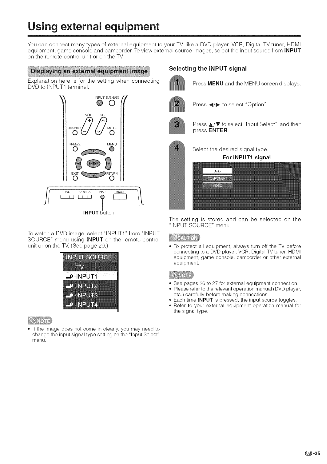 Sharp LC-32DA5U, LC-26DA5U manual Using external equipment, INPUT1 