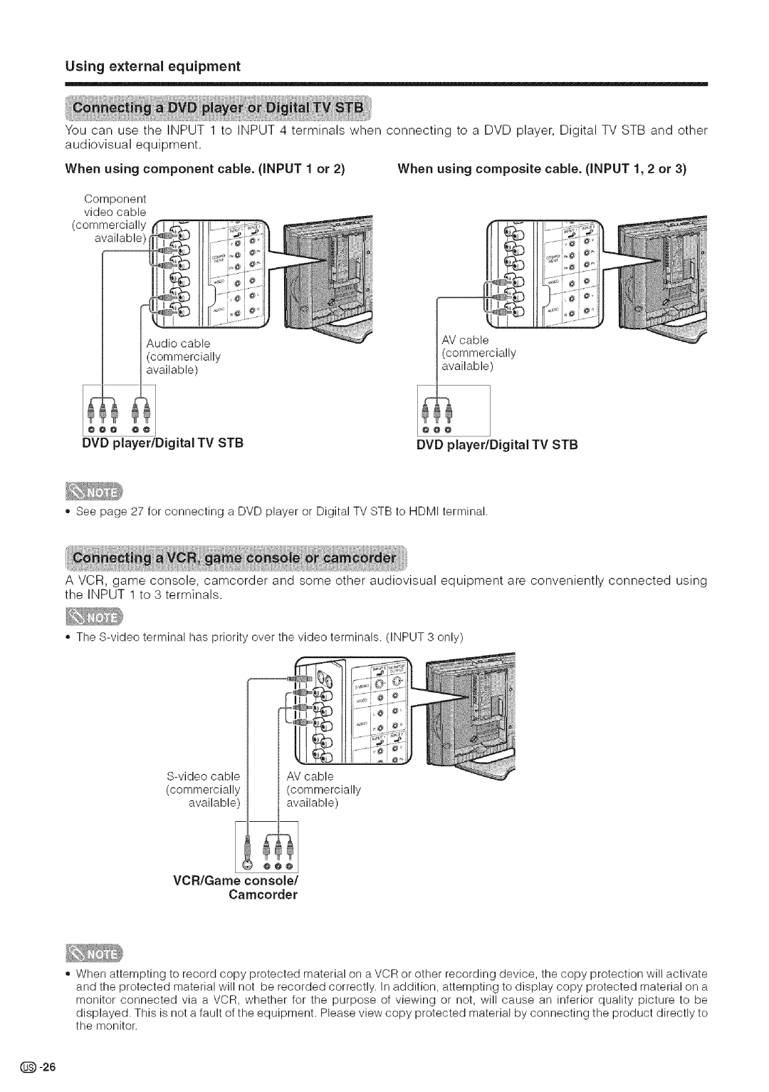 Sharp LC-26DA5U, LC-32DA5U manual Using e×ternal equipment, DVD player/Digital TV STB, VCR/Game console Camcorder 