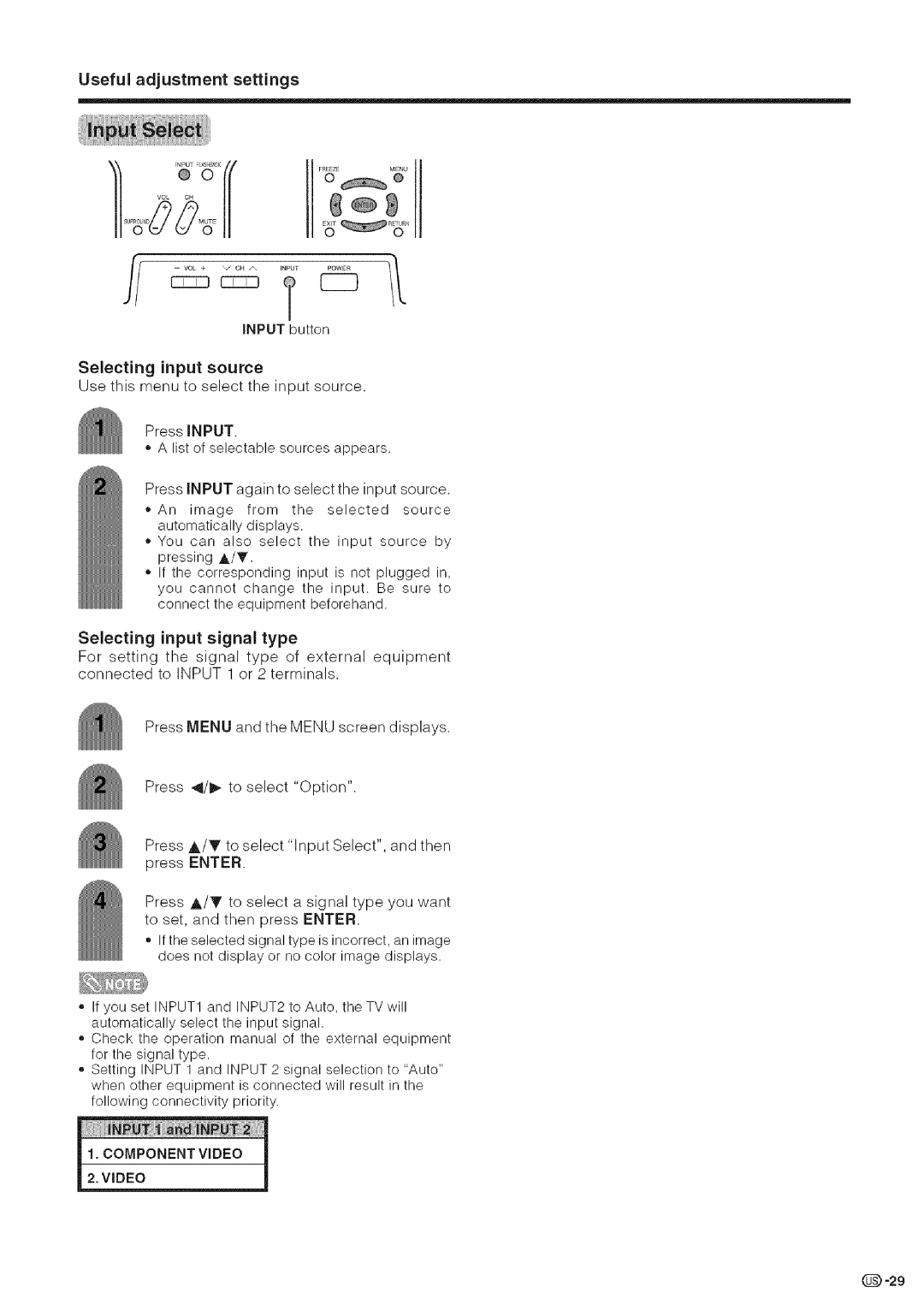 Sharp LC-32DA5U, LC-26DA5U manual Useful adjustment settings, Selecting input source 