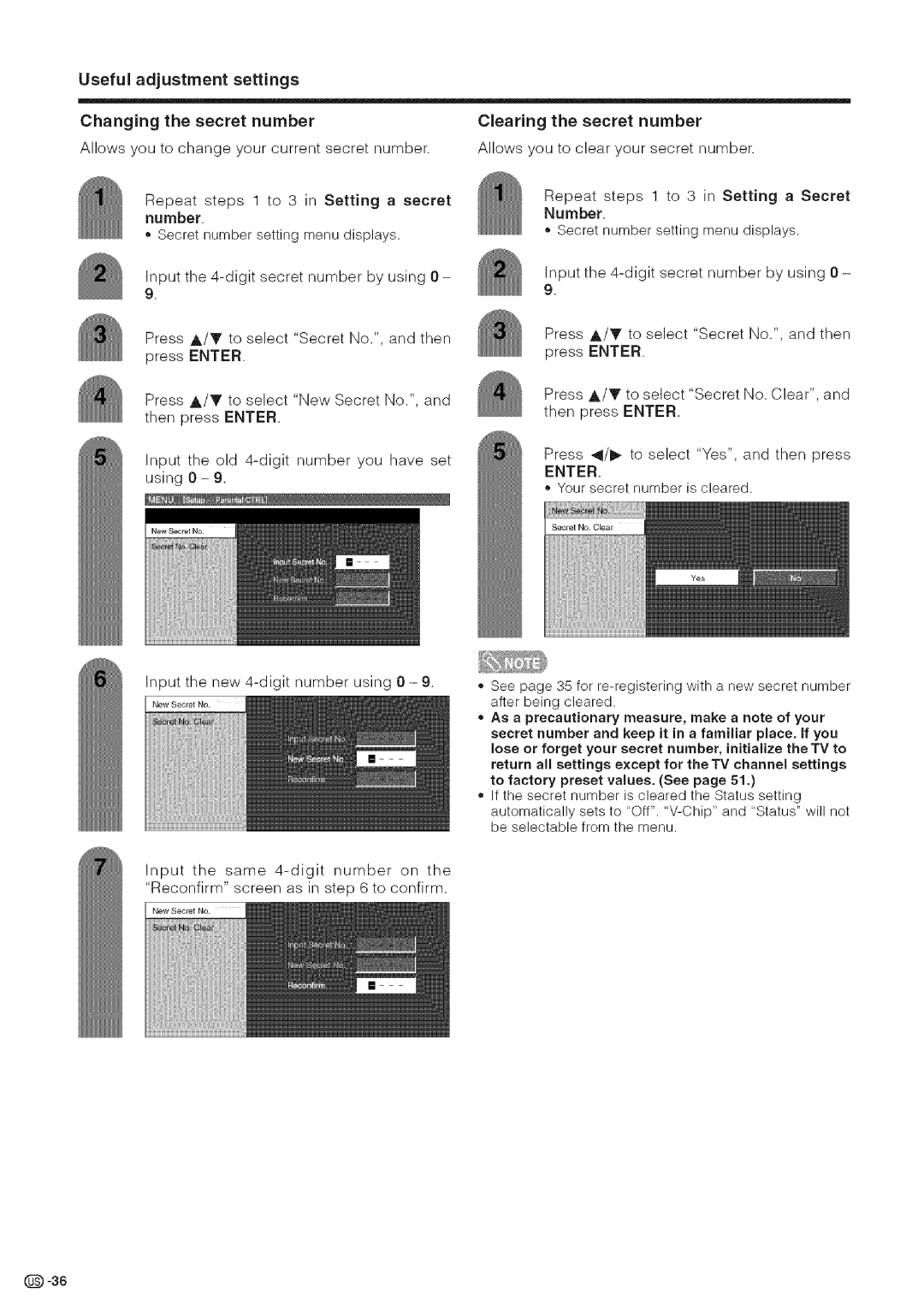 Sharp LC-26DA5U, LC-32DA5U manual Useful adjustment settings Changing the secret number, Clearing the secret number, Number 