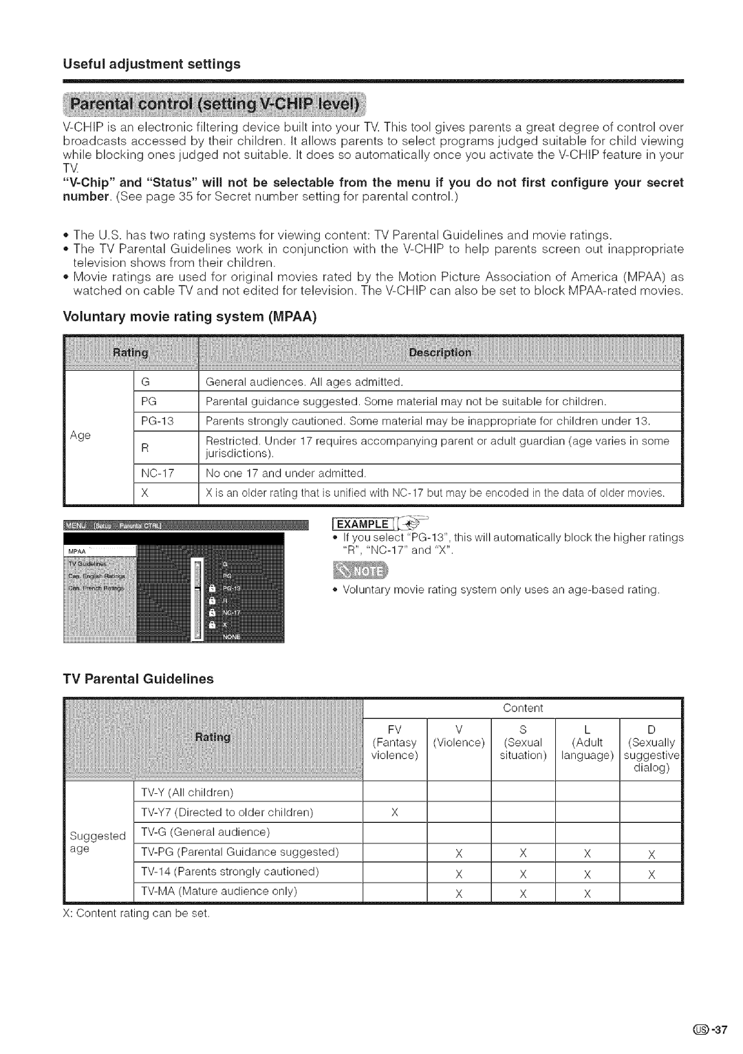 Sharp LC-32DA5U, LC-26DA5U manual TV Parental Guidelines, Example 