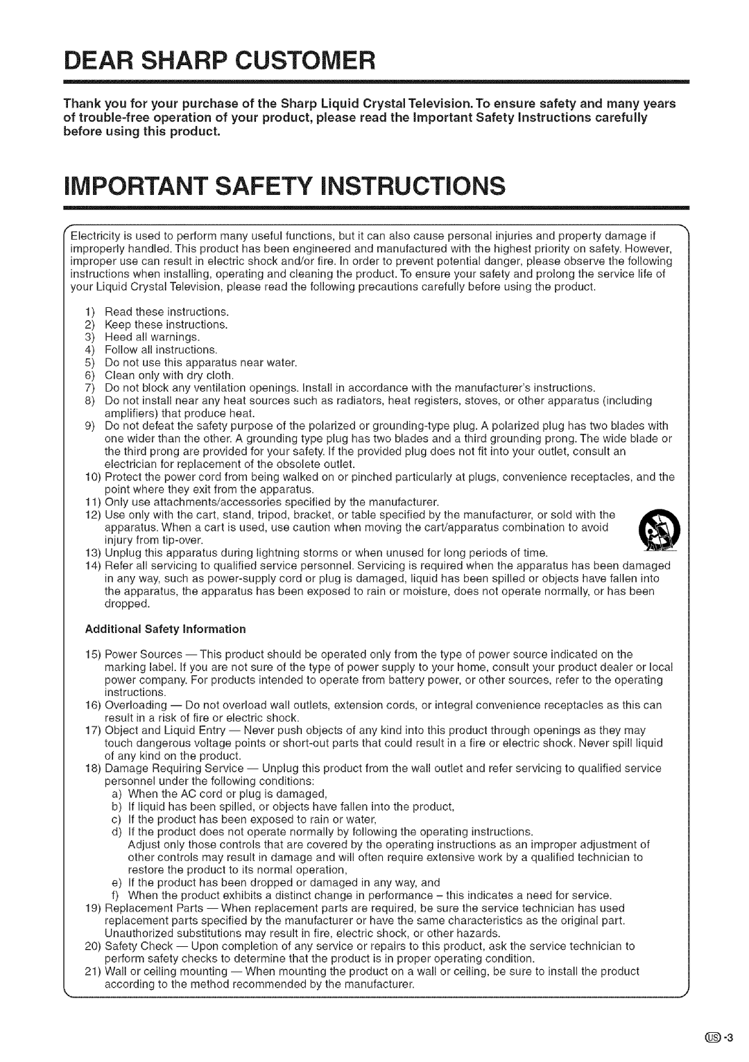 Sharp LC-32DA5U, LC-26DA5U manual IMPORTANT Safety iNSTRUCTiONS, Additional Safety information 