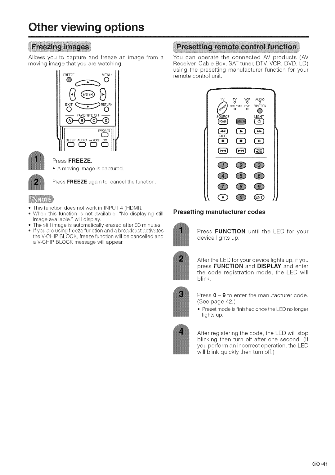 Sharp LC-32DA5U, LC-26DA5U Other viewing options, Press Freeze, Moving image is captured, Presetting manufacturer codes 