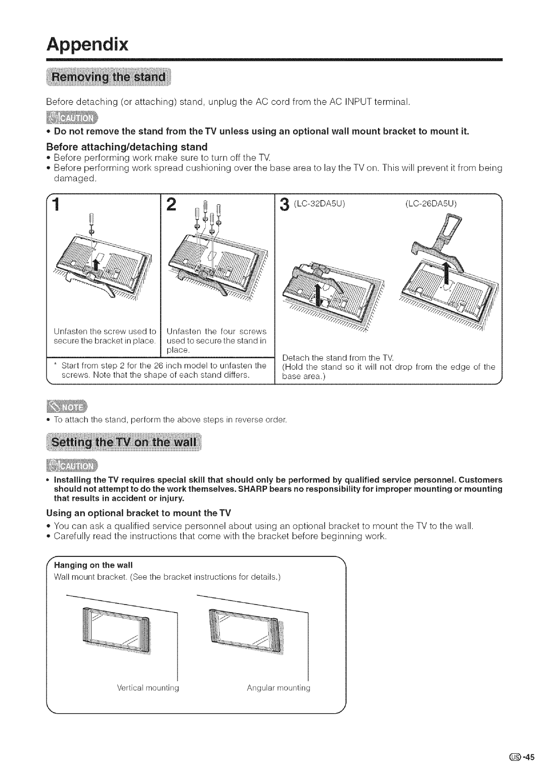 Sharp LC-32DA5U, LC-26DA5U manual Appendix, Stand Before Performing Work Make Sure to turn Off the TV, LC-32DASU LC-26DASU 