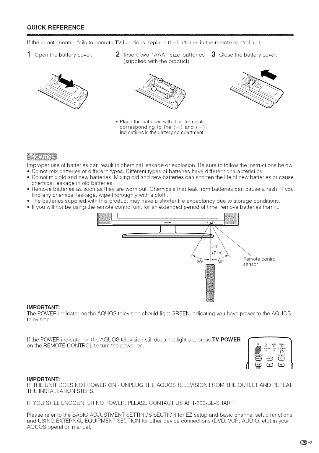 Sharp LC-32DA5U, LC-26DA5U manual Quick Reference 