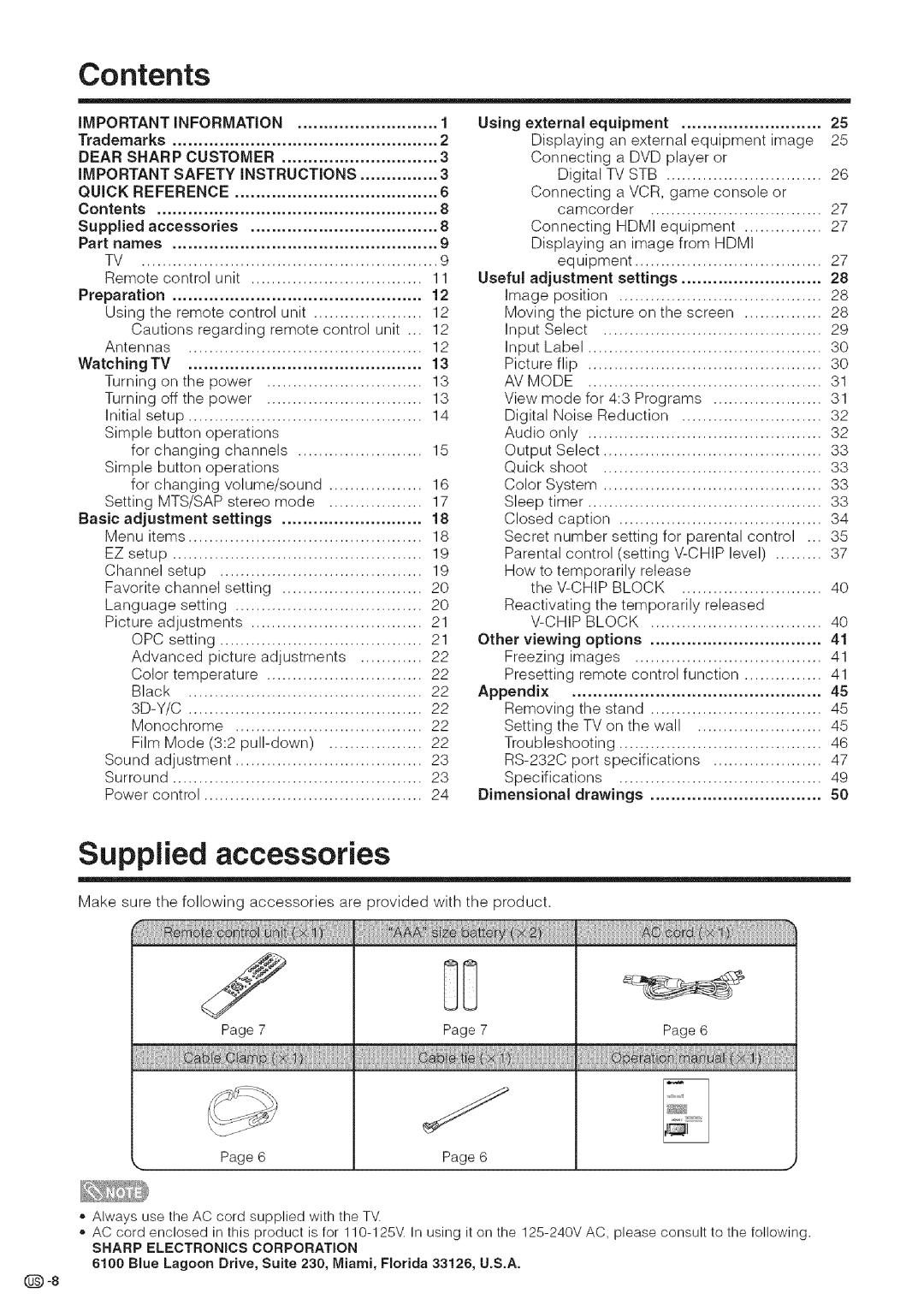 Sharp LC-26DA5U, LC-32DA5U manual Supplied accessories 