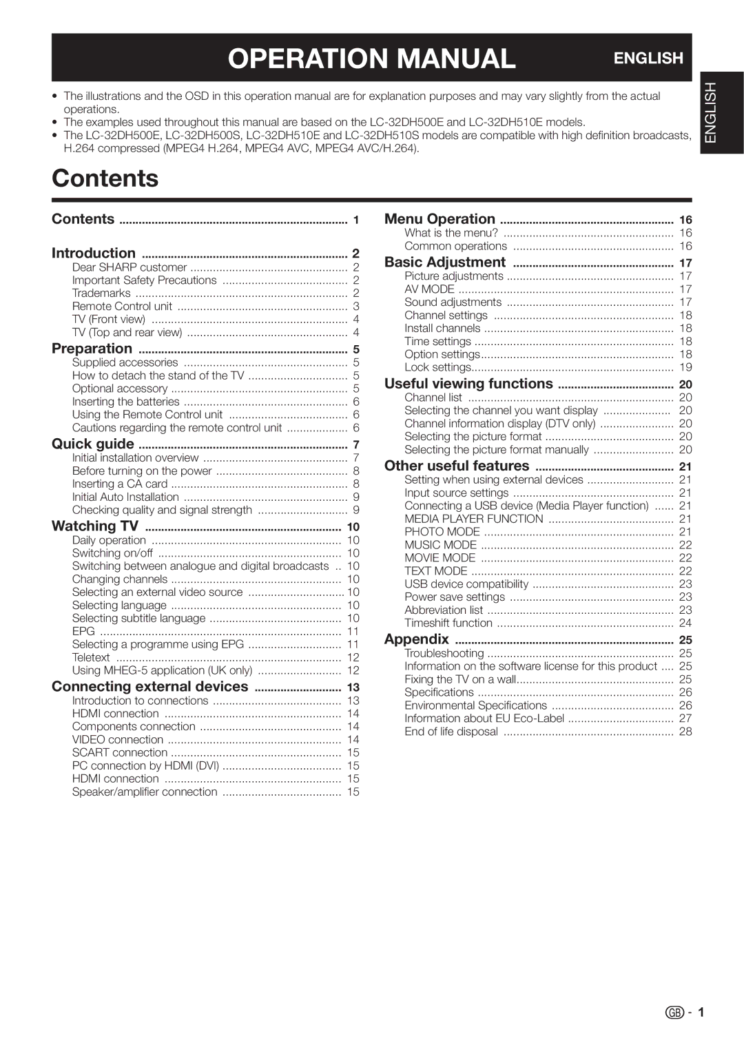 Sharp LC-32DH510S, LC-32DH510E, LC-32DH500E, LC-32DH500S operation manual Contents 