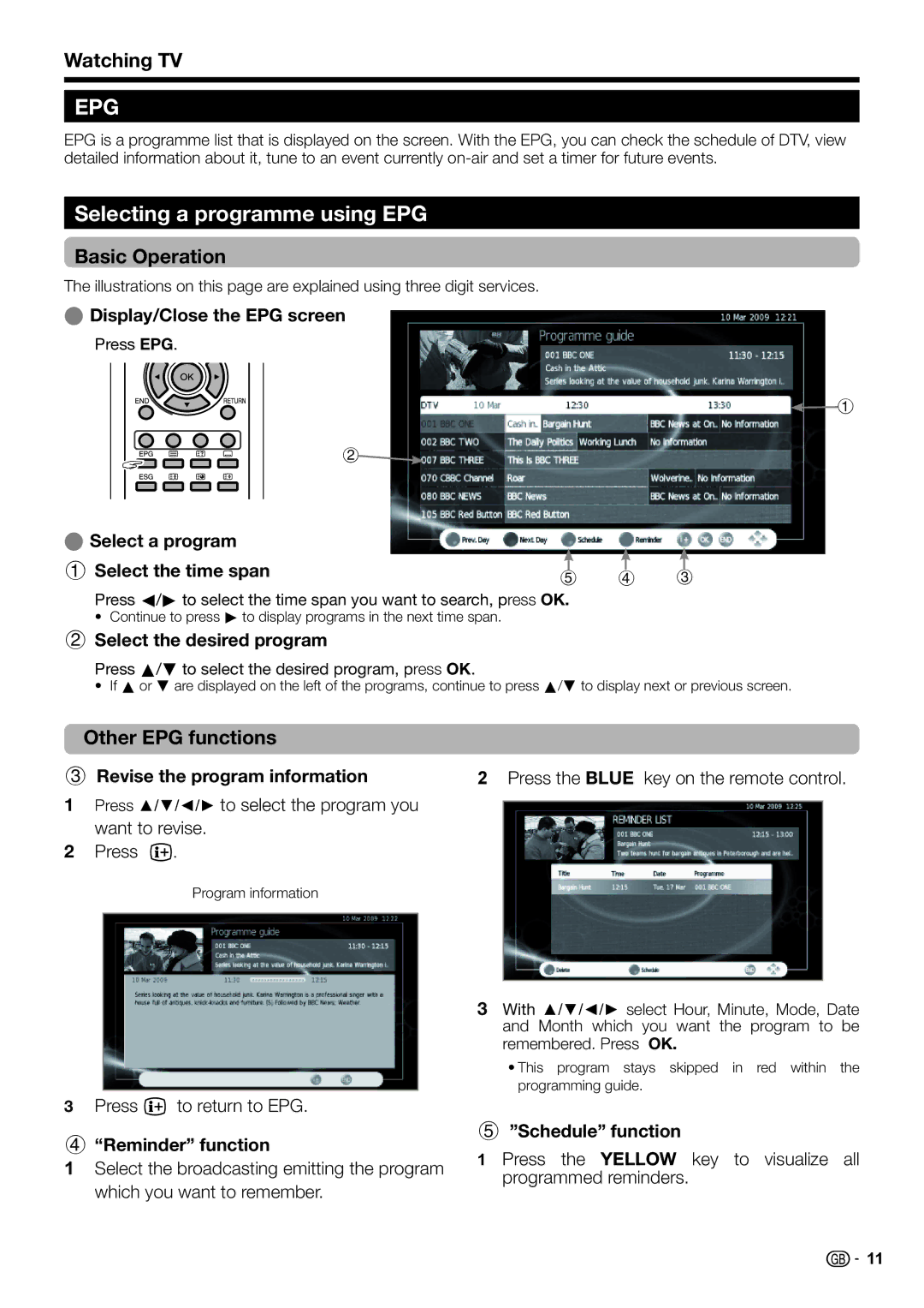 Sharp LC-32DH500S, LC-32DH510E Selecting a programme using EPG, Watching TV, Basic Operation, Other EPG functions 