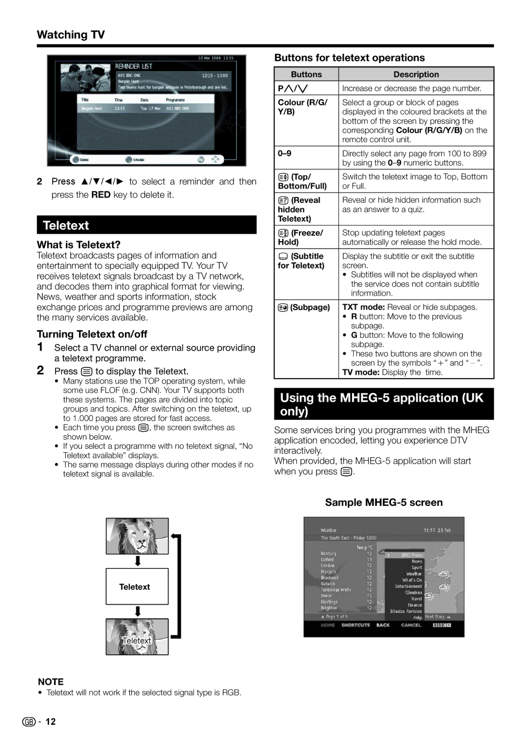 Sharp LC-32DH510E, LC-32DH510S, LC-32DH500E, LC-32DH500S operation manual Teletext, Using the MHEG-5 application UK only 