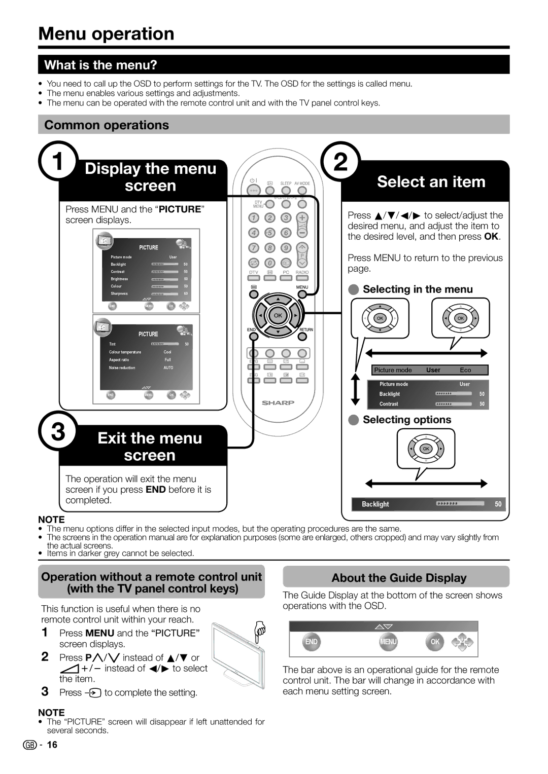 Sharp LC-32DH510E, LC-32DH510S, LC-32DH500E Menu operation, What is the menu?, Common operations, About the Guide Display 