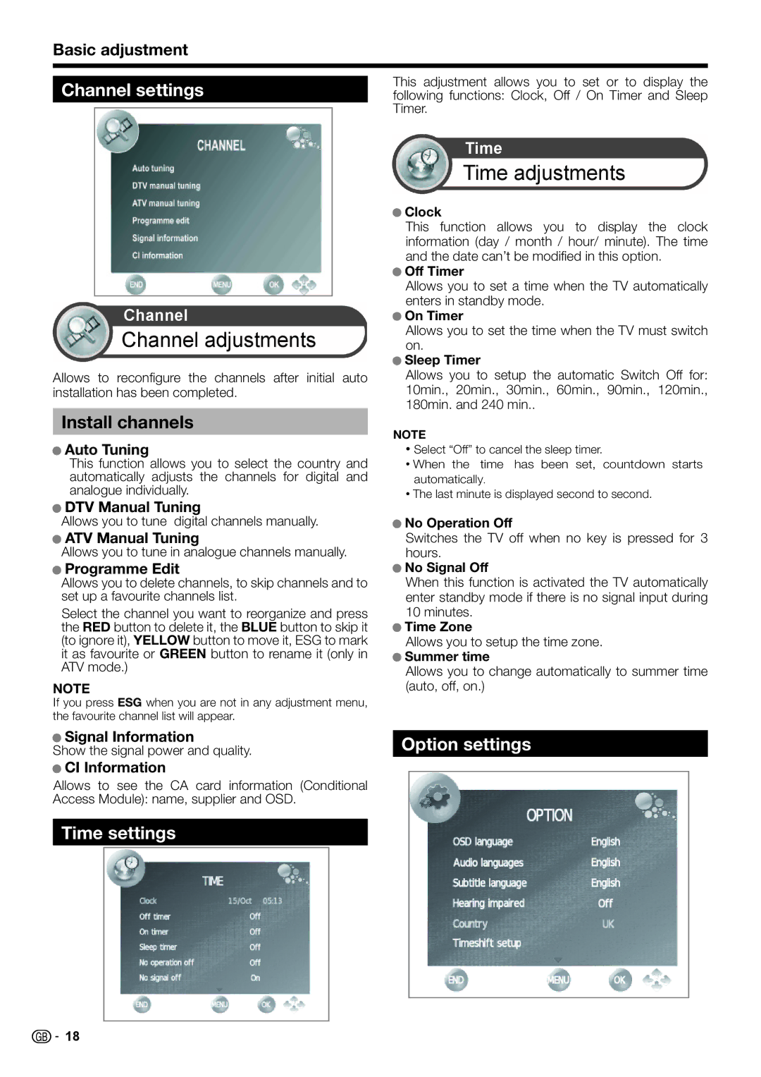 Sharp LC-32DH500E, LC-32DH510E Channel settings, Install channels, Time settings, Option settings, Basic adjustment 