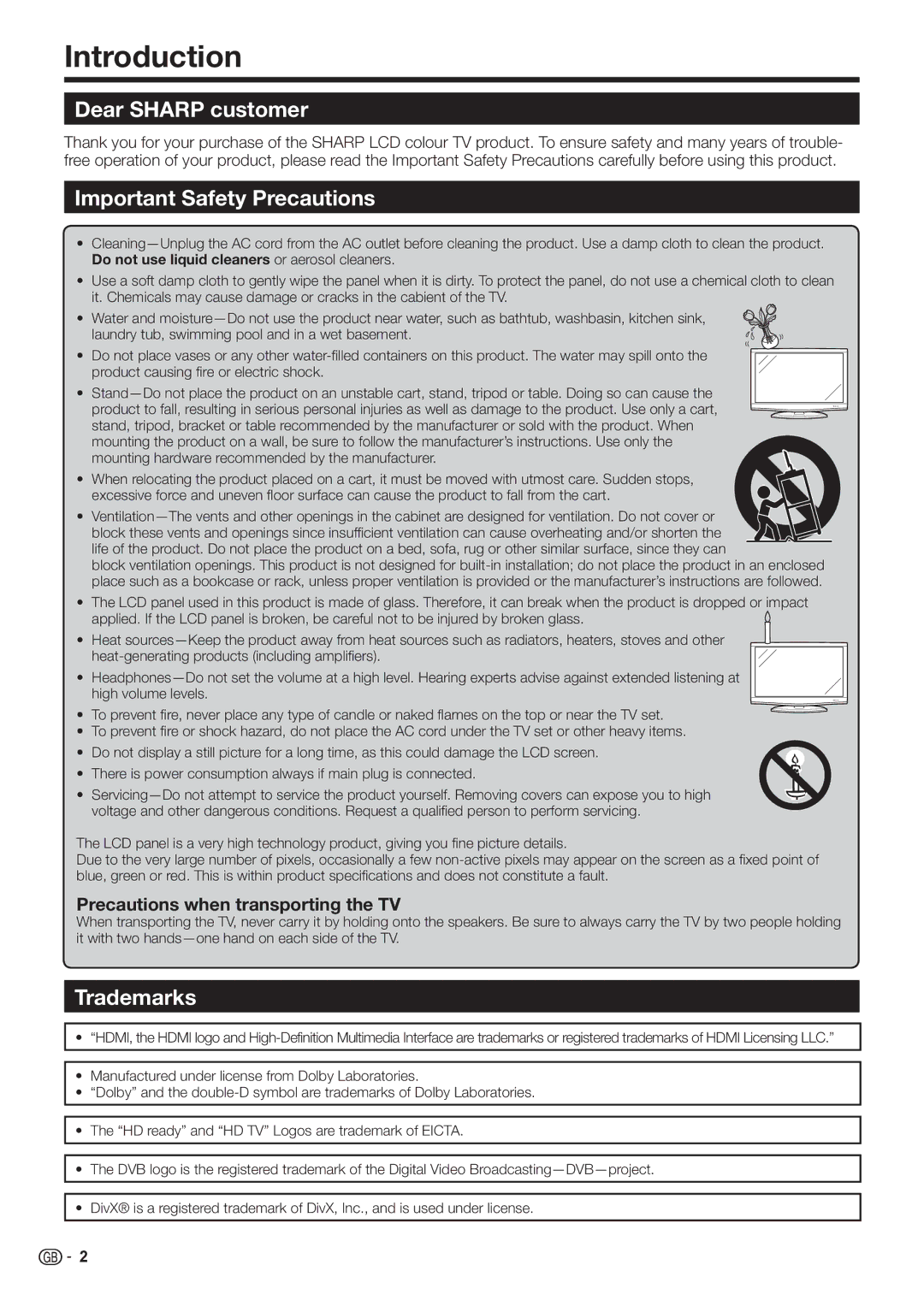 Sharp LC-32DH500E, LC-32DH510E, LC-32DH510S Introduction, Dear Sharp customer, Important Safety Precautions, Trademarks 