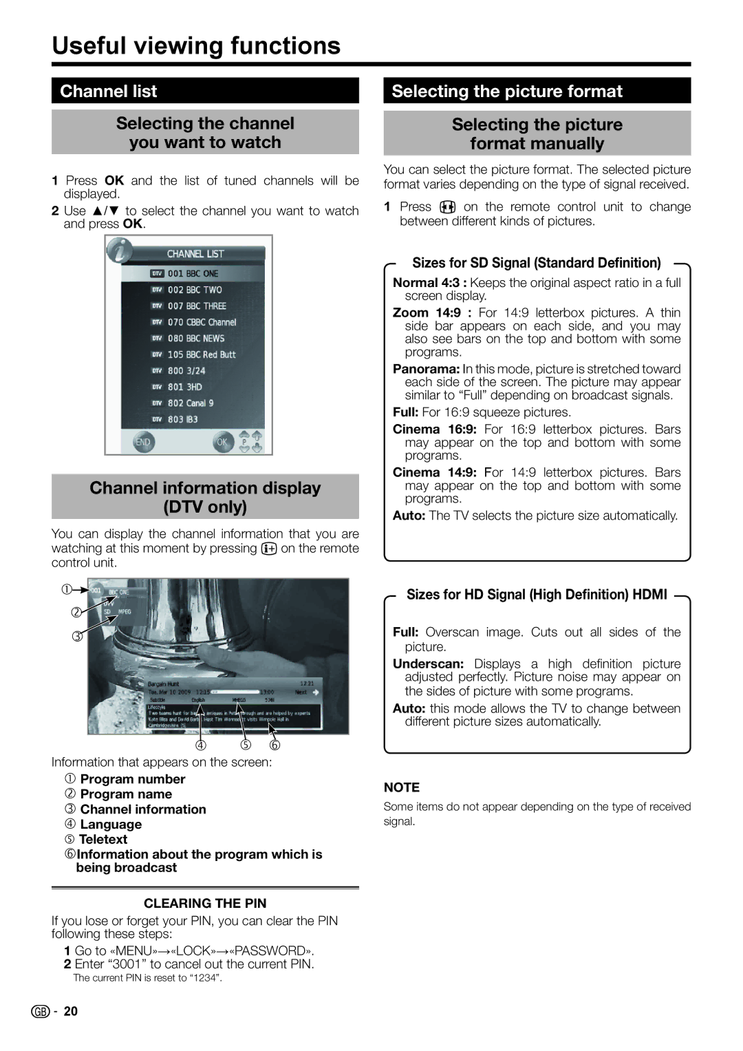 Sharp LC-32DH510E, LC-32DH510S, LC-32DH500E Useful viewing functions, Channel list, Selecting the picture format 