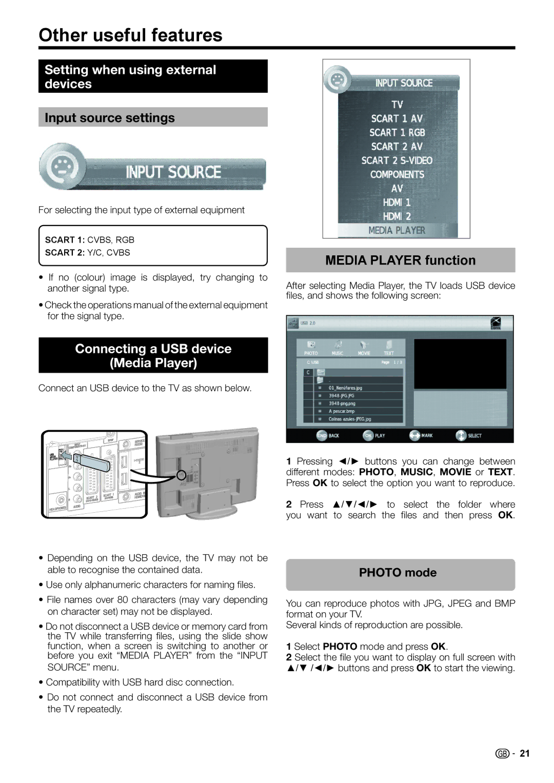 Sharp LC-32DH510S Other useful features, Setting when using external devices, Input source settings, Media Player function 