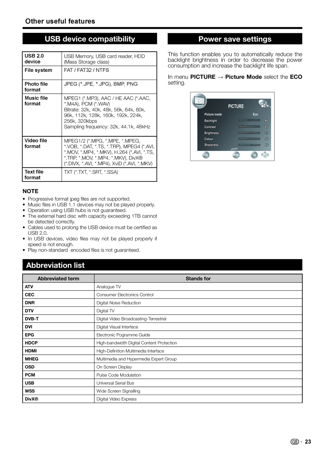 Sharp LC-32DH500S, LC-32DH510E USB device compatibility, Power save settings, Abbreviation list, Other useful features 