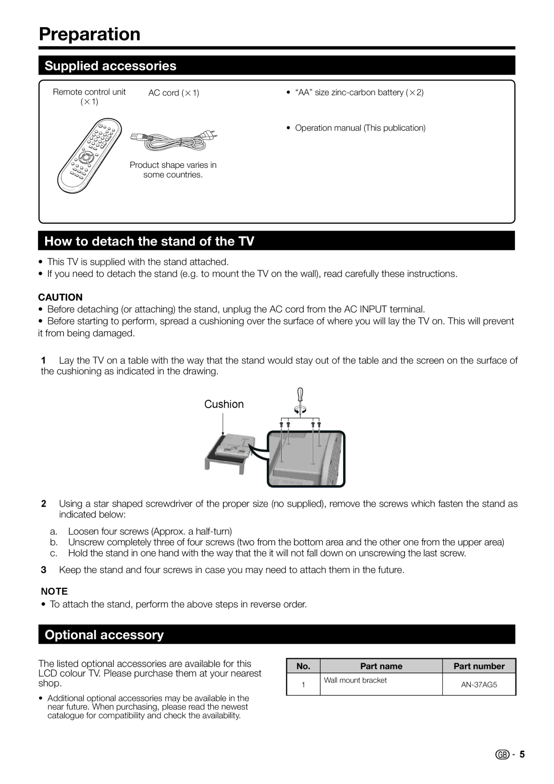 Sharp LC-32DH510S, LC-32DH510E Preparation, Supplied accessories, How to detach the stand of the TV, Optional accessory 