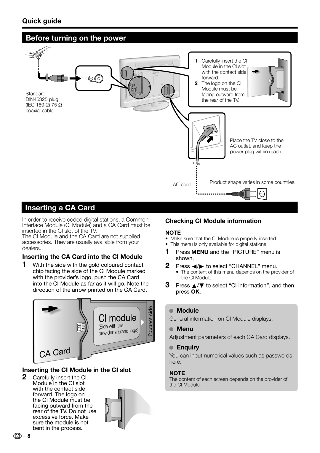 Sharp LC-32DH510E, LC-32DH510S, LC-32DH500E, LC-32DH500S operation manual Inserting a CA Card, Quick guide 