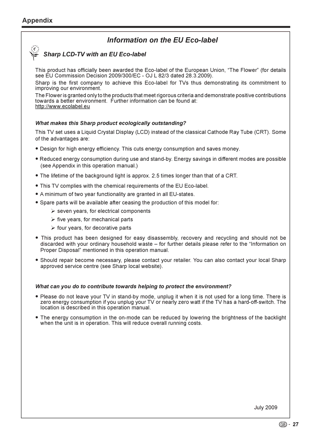 Sharp LC-32DH510S, LC-32DH510E, LC-32DH500E, LC-32DH500S operation manual Information on the EU Eco-label 