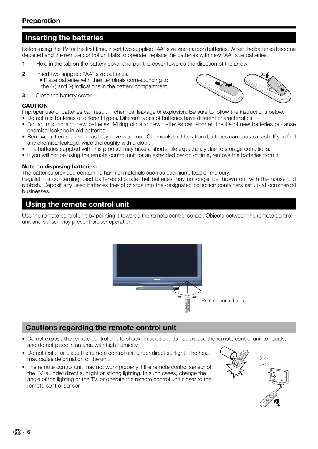Sharp LC-32DH510E, LC-32DH510S, LC-32DH500E, LC-32DH500S Inserting the batteries, Using the remote control unit, Preparation 