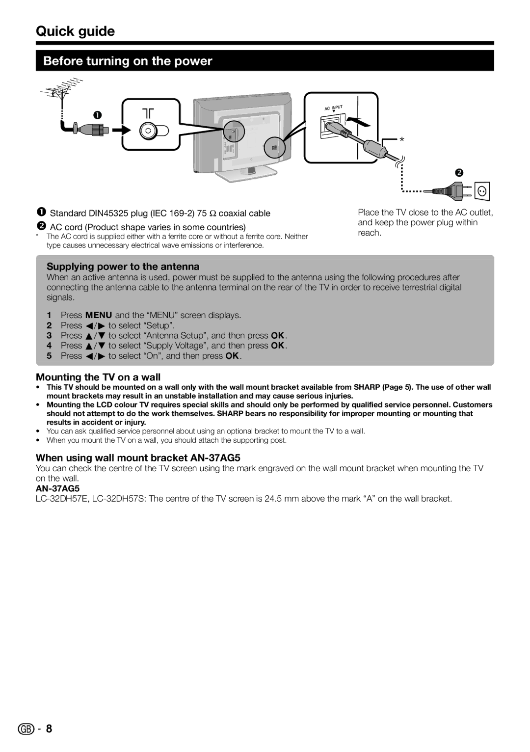 Sharp LC-32DH57E Quick guide, Before turning on the power, Supplying power to the antenna, Mounting the TV on a wall 