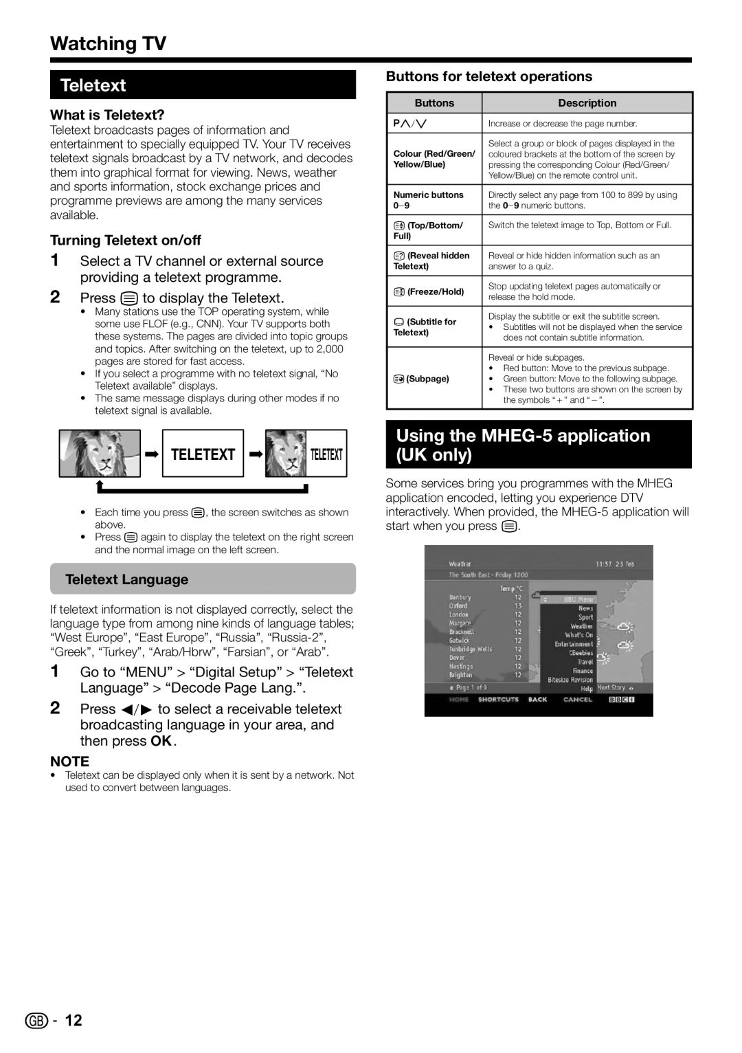 Sharp LC-32DH57E, LC-32DH57S operation manual Teletext, Using the MHEG-5 application UK only 