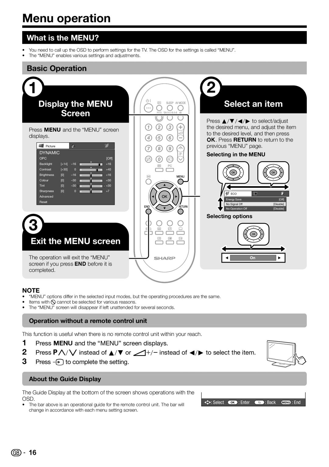 Sharp LC-32DH57E, LC-32DH57S Menu operation, What is the MENU?, Basic Operation, Operation without a remote control unit 