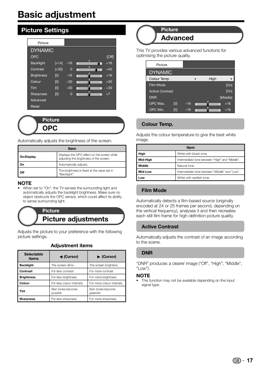 Sharp LC-32DH57S, LC-32DH57E operation manual Basic adjustment, Advanced, Picture adjustments, Picture Settings 