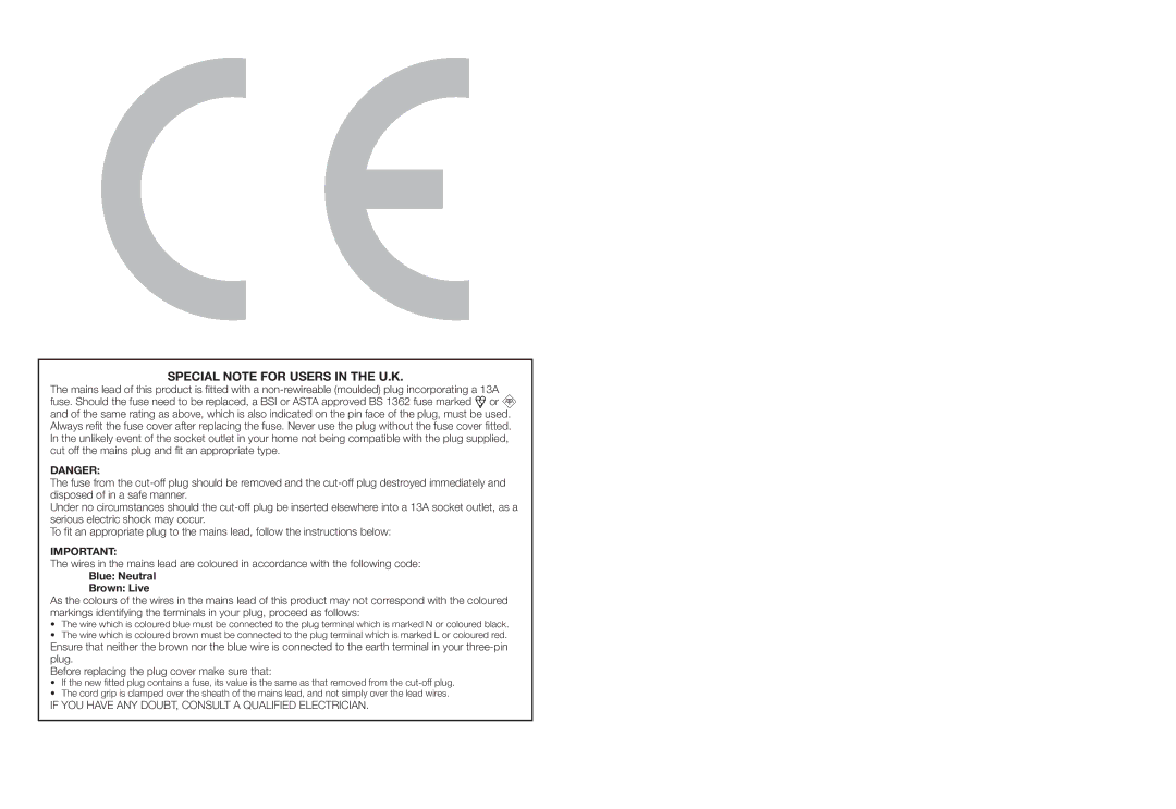 Sharp LC-32DH57E, LC-32DH57S operation manual Special Note for Users in the U.K, Blue Neutral Brown Live 