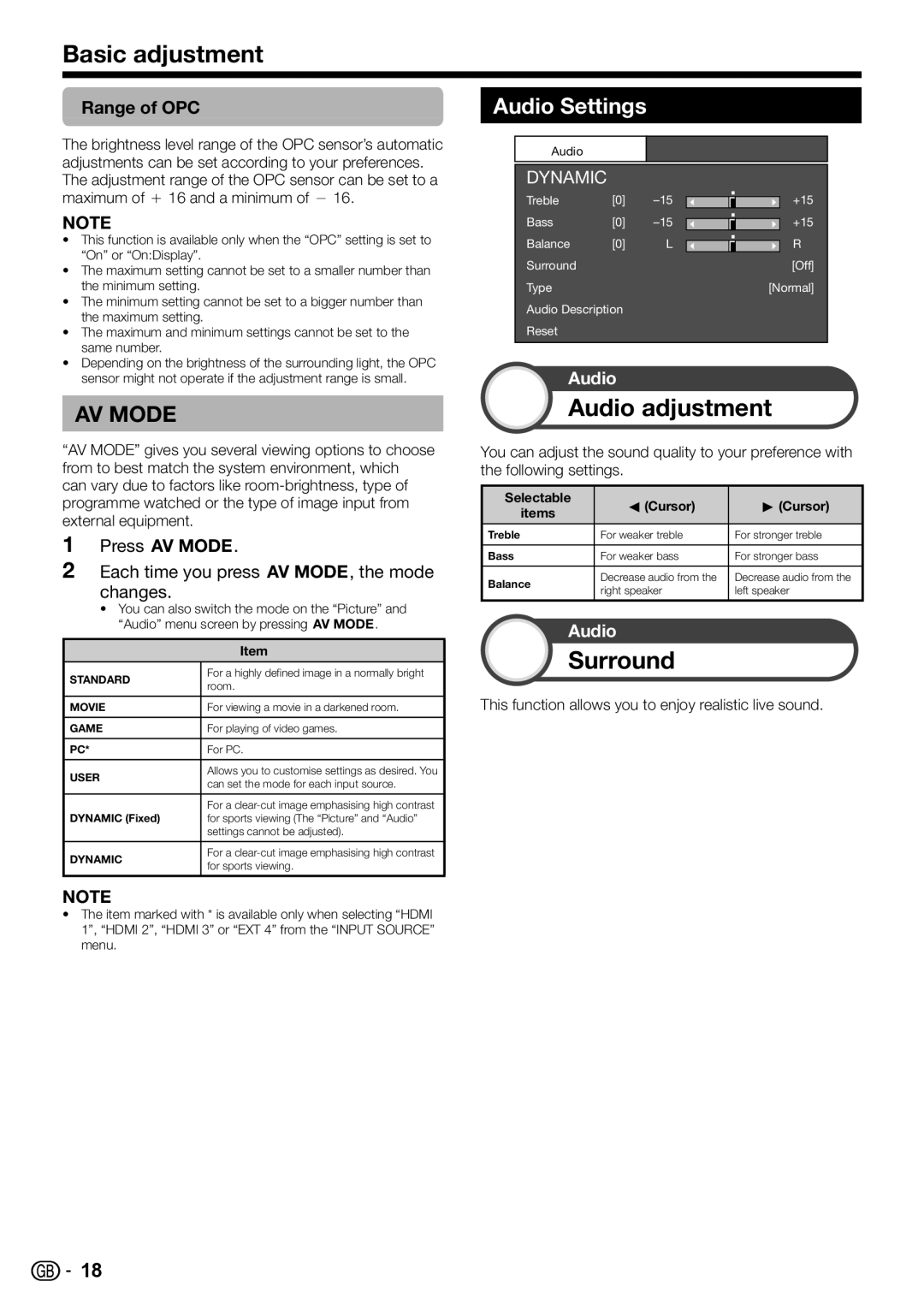 Sharp LC-32DH57E, LC-32DH57S operation manual Basic adjustment, Audio adjustment, Surround, Audio Settings, Range of OPC 