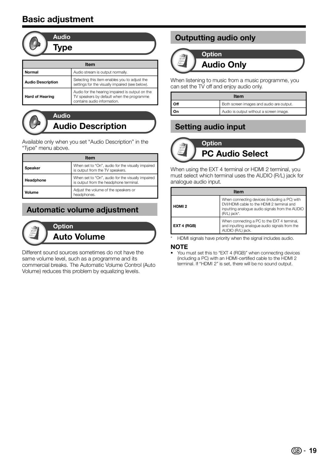 Sharp LC-32DH57S, LC-32DH57E operation manual Audio Description, Auto Volume, Audio Only, PC Audio Select 