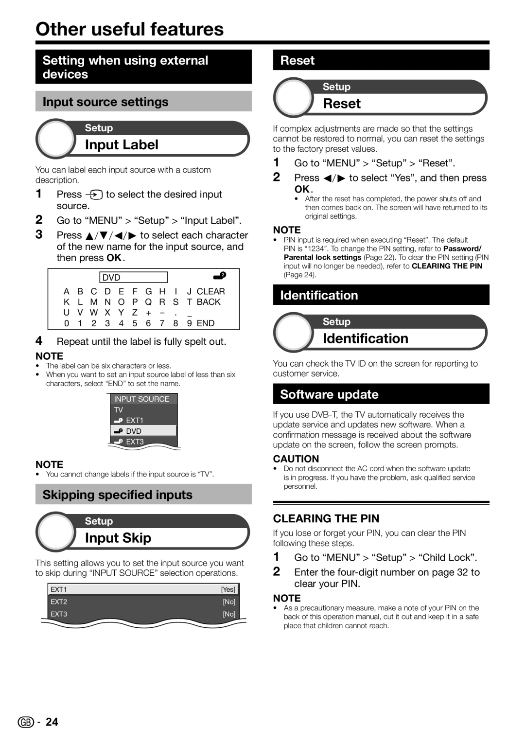 Sharp LC-32DH57E, LC-32DH57S operation manual Other useful features, Input Label, Input Skip, Reset, Identification 