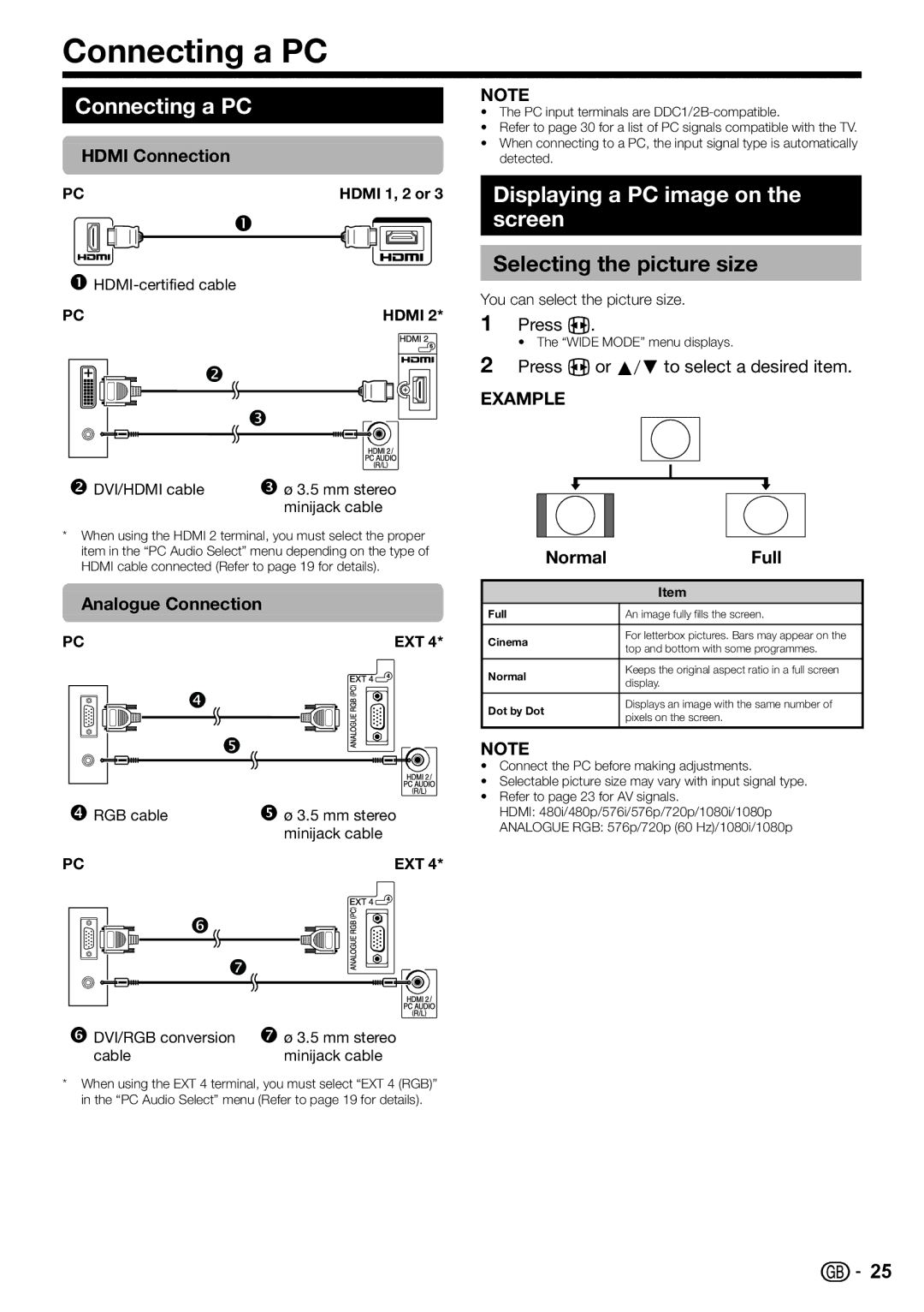 Sharp LC-32DH57S, LC-32DH57E Connecting a PC, Displaying a PC image on the screen, Selecting the picture size 