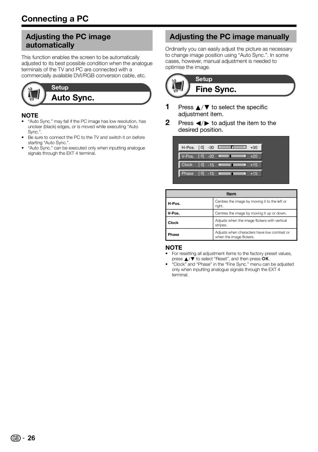 Sharp LC-32DH57E, LC-32DH57S operation manual Connecting a PC, Auto Sync, Fine Sync, Adjusting the PC image automatically 