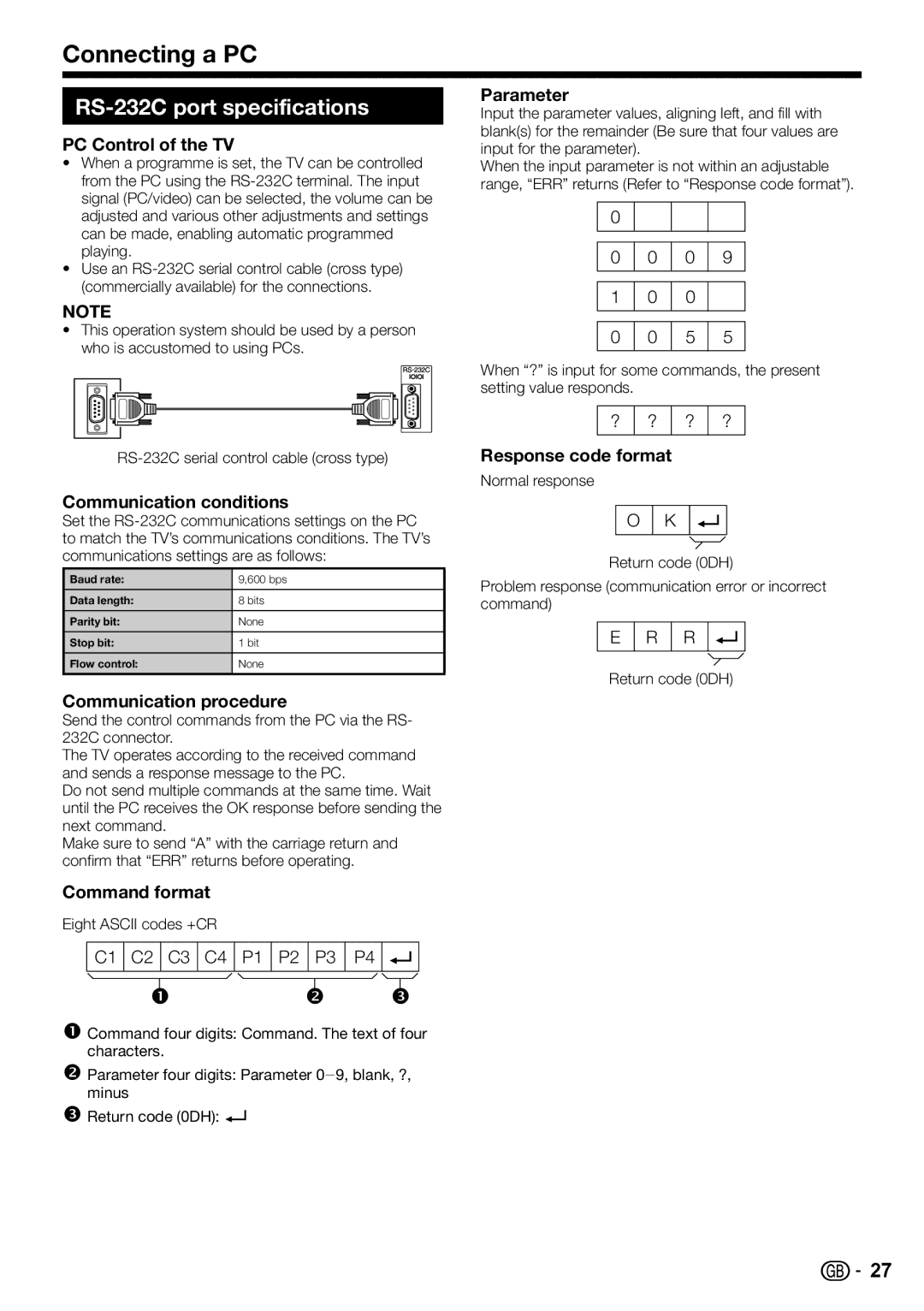 Sharp LC-32DH57S, LC-32DH57E operation manual RS-232C port specifications 