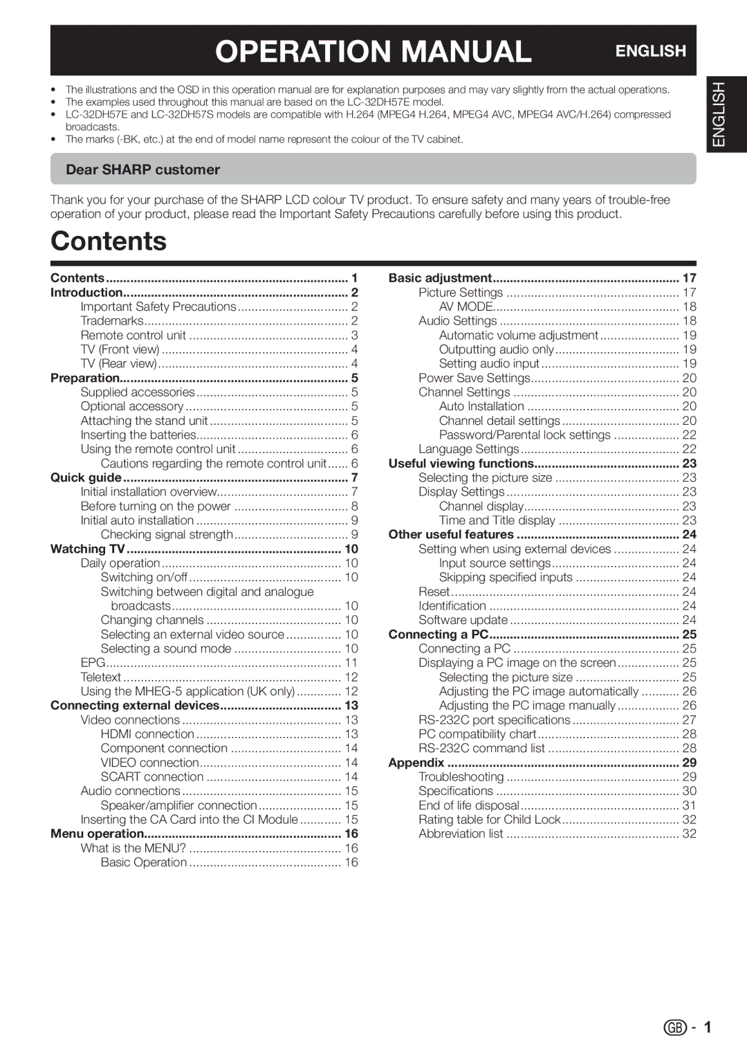 Sharp LC-32DH57S, LC-32DH57E operation manual Contents 