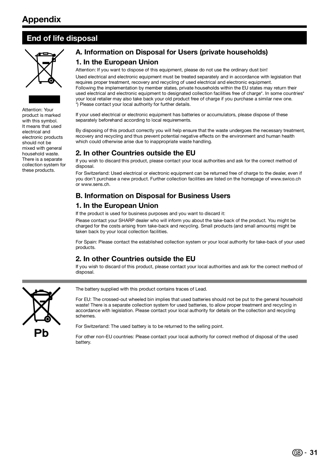 Sharp LC-32DH57S, LC-32DH57E operation manual End of life disposal, Other Countries outside the EU 